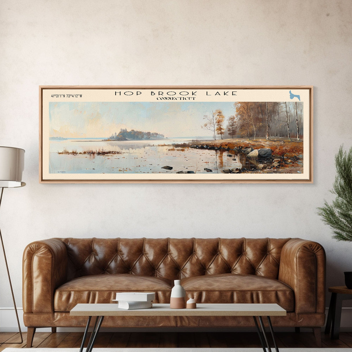 Hop Brook Lake Connecticut Framed Canvas Print, Lake House Art, Panoramic Wall Art, Travel Poster, Serene Lake Painting, Home Decor