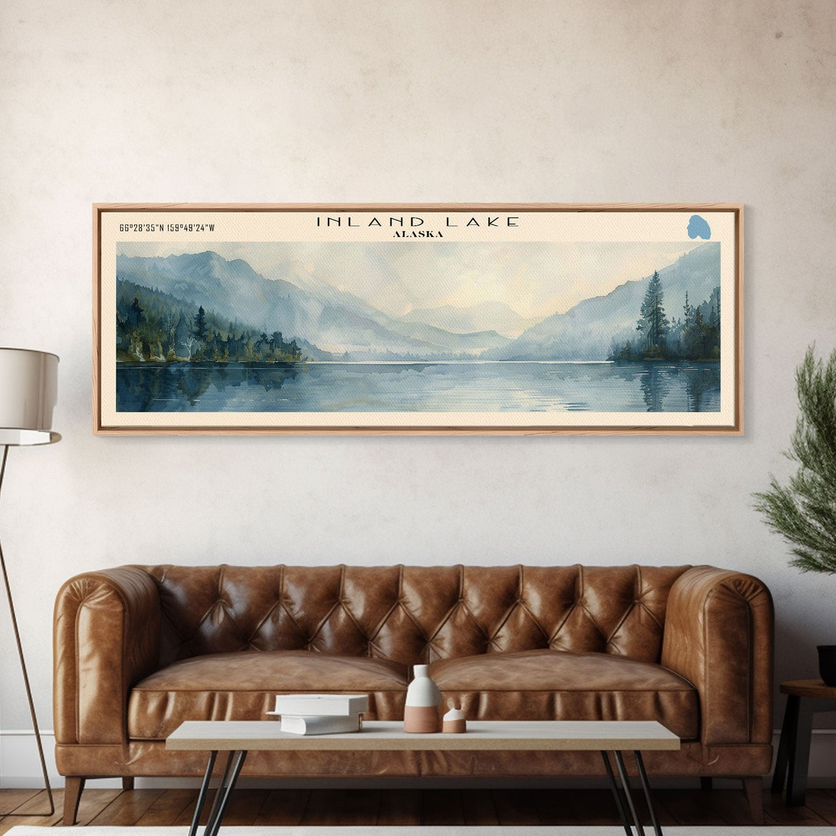 Inland Lake Framed Canvas Print, Lake House Art, Panoramic Wall Art, Travel Poster, Scenic Lake Painting, Nature Art