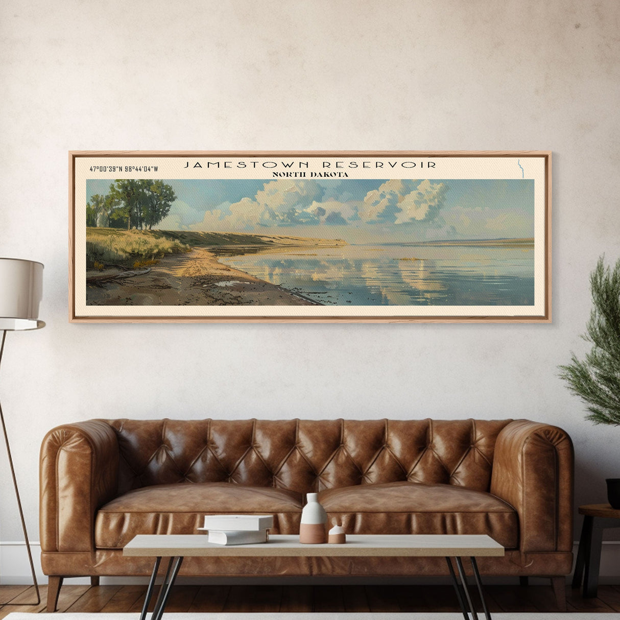 Jamestown Reservoir North Dakota Framed Canvas Print, Lake House Art, Panoramic Wall Art, Travel Poster, Serene Lake Painting, Home Decor