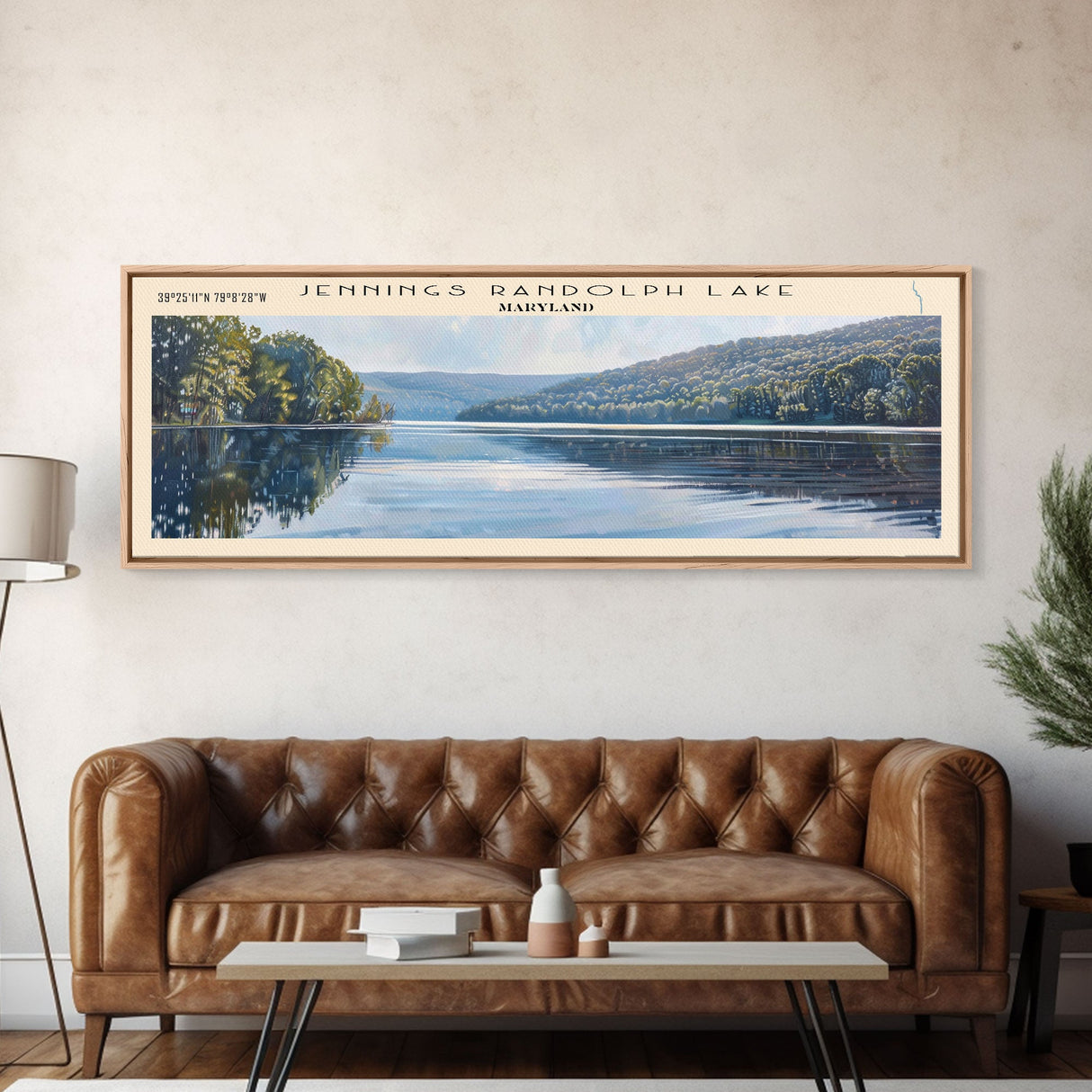 Jennings Randolph Lake Maryland Framed Canvas Print, Panoramic Lake House Decor, Wall Art, Travel Poster, Beautiful Lake Painting, Nature Art