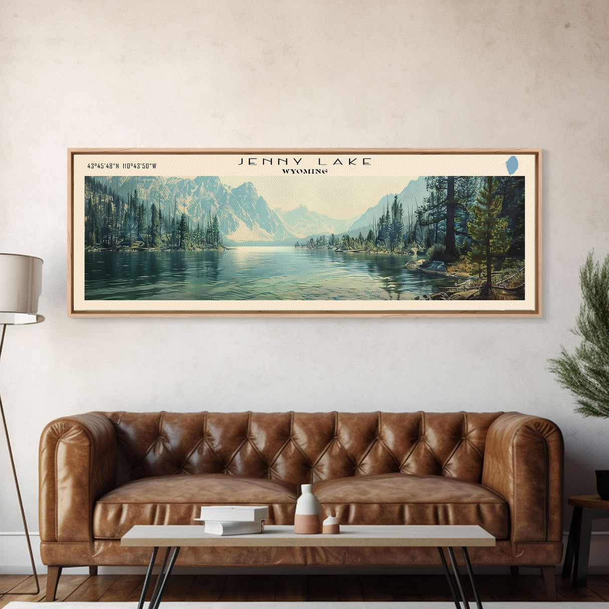 Jenny Lake Wyoming Framed Canvas Print, Lake House Decor, Panoramic Wall Art, Travel Poster, Beautiful Lake Painting, Nature Art