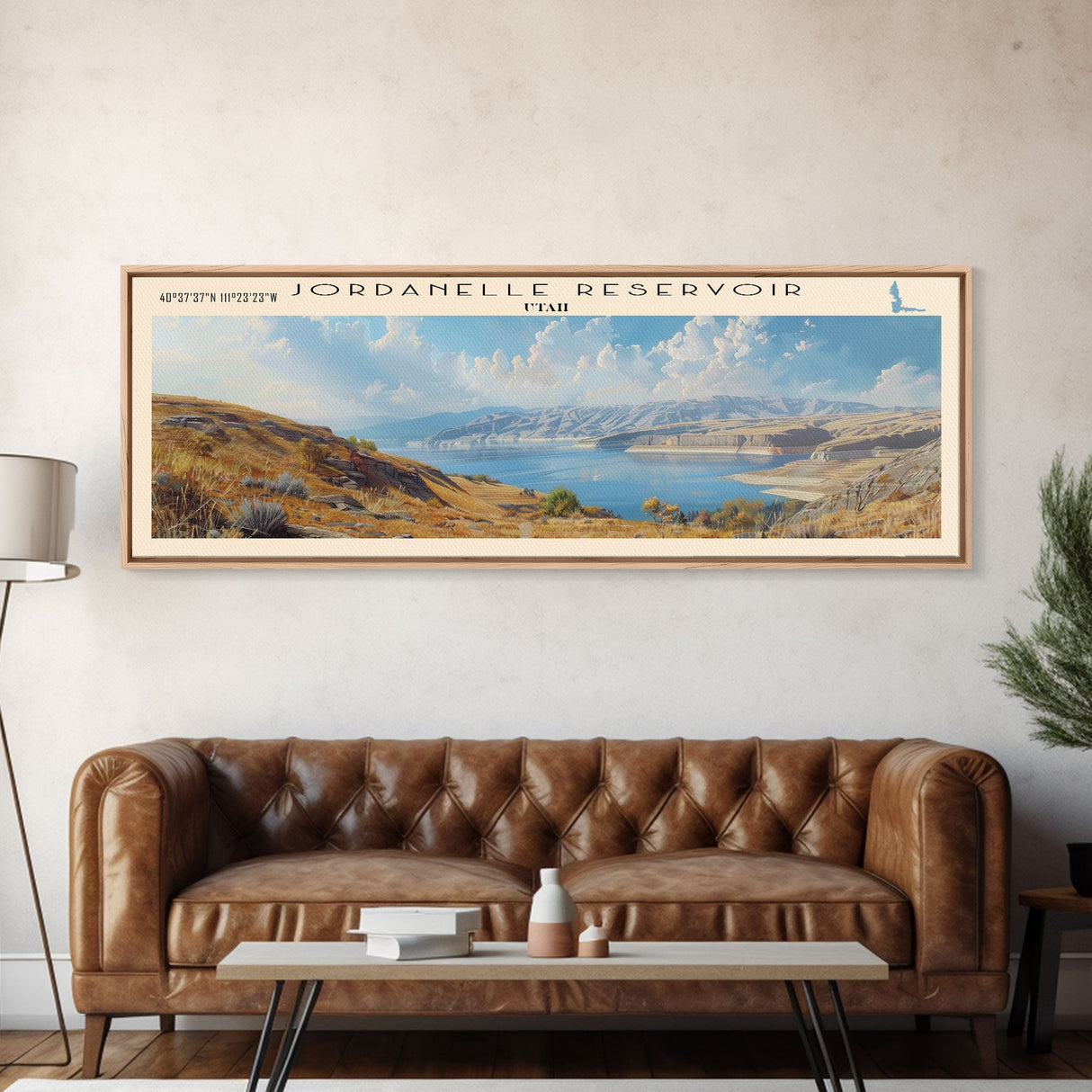 Jordanelle Reservoir Utah Framed Canvas Print, Lake House Art, Panoramic Wall Art, Travel Poster, Serene Lake Painting, Home Decor