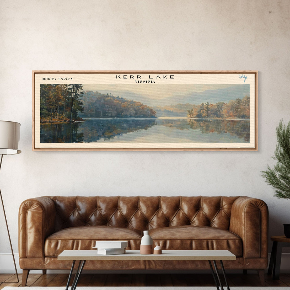 Kerr Lake Virginia Framed Canvas Print, Lake House Art, Panoramic Wall Art, Travel Poster, Stunning Lake Painting, Home Decor