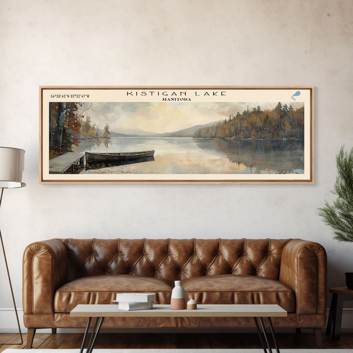 Kistigan Lake Framed Canvas Print, Lake House Decor, Panoramic Wall Art, Travel Poster, Beautiful Lake Painting, Nature Art