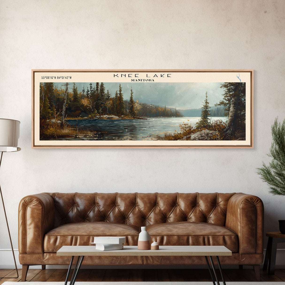 Knee Lake Framed Canvas Print, Panoramic Lake House Decor, Wall Art, Travel Poster, Scenic Lake Painting, Nature Art