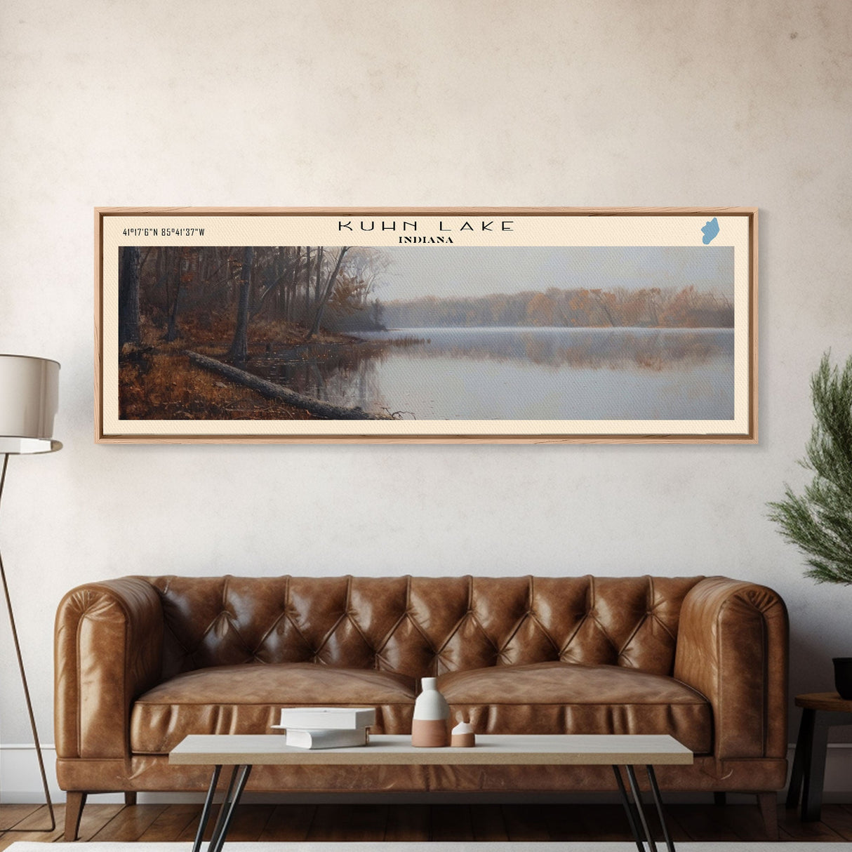 Kuhn Lake Indiana Framed Canvas Print, Lake House Art, Panoramic Wall Art, Travel Poster, Serene Lake Painting, Home Decor