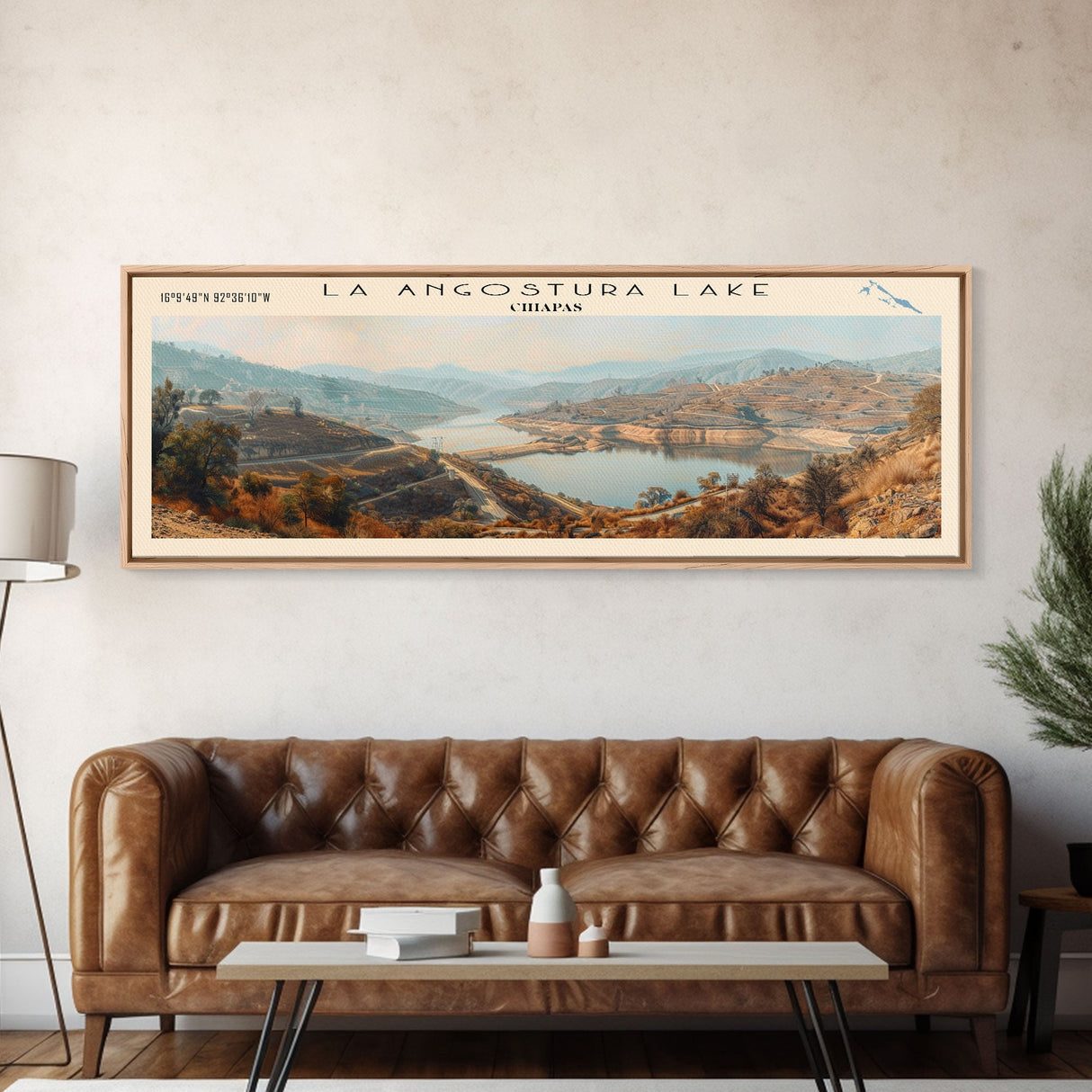 La Angustura Dam Framed Canvas Print, Lake House Art, Panoramic Wall Art, Travel Poster, Beautiful Lake Painting, Home Decor