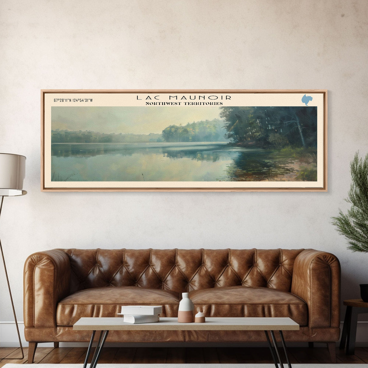 Lac Maunoiri Framed Canvas Print, Panoramic Lake House Decor, Wall Art, Travel Poster, Serene Lake Painting, Nature Art