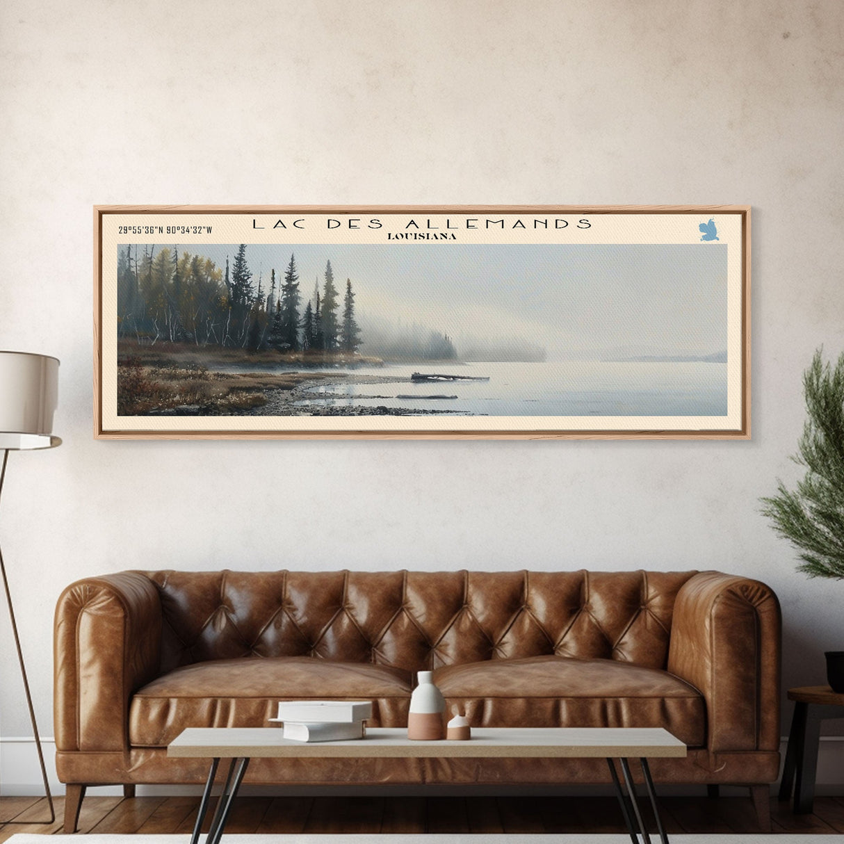 LacAllemands Framed Canvas Print, Lake House Art, Panoramic Wall Art, Travel Poster, Stunning Lake Painting, Home Decor