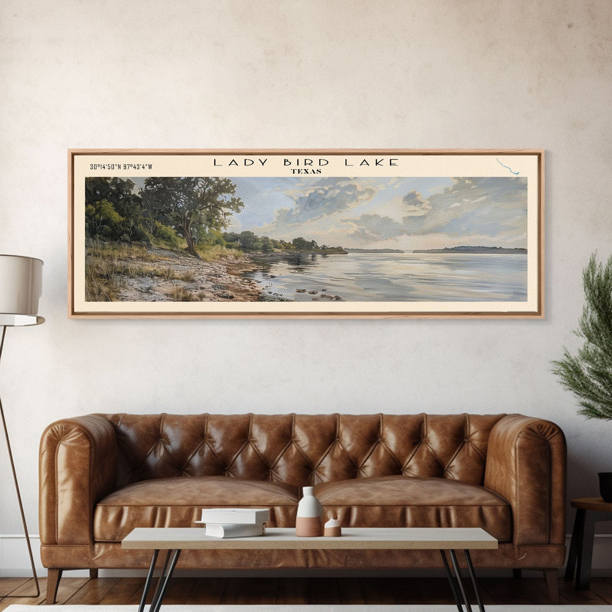 Lady Bird Lake Texas Framed Canvas Print, Lake House Decor, Panoramic Wall Art, Travel Poster, Beautiful Lake Painting, Nature Art