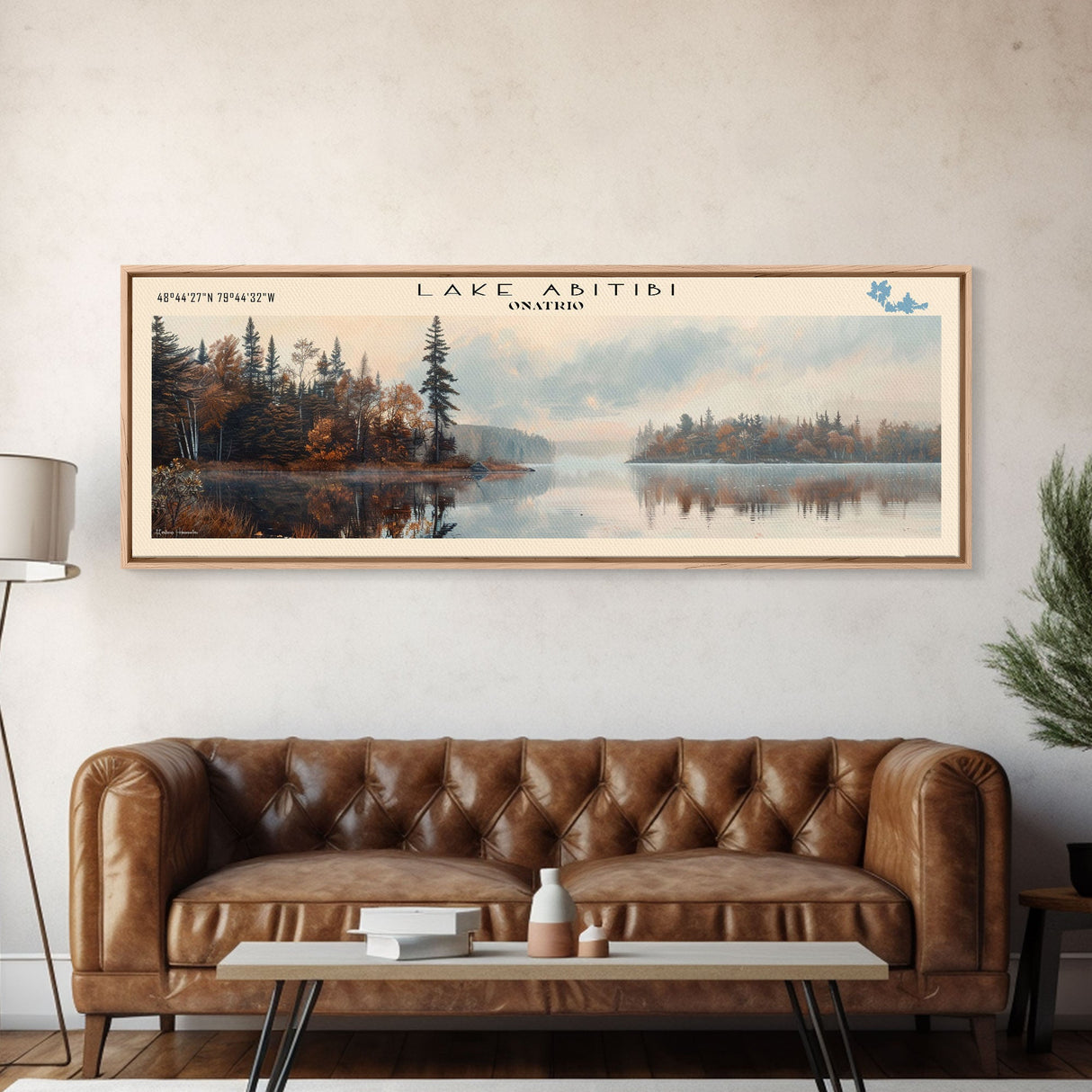 Lake Abitibi Framed Canvas Print, Lake House Art, Panoramic Travel Poster, Wall Art, Stunning Lake Painting, Home Decor