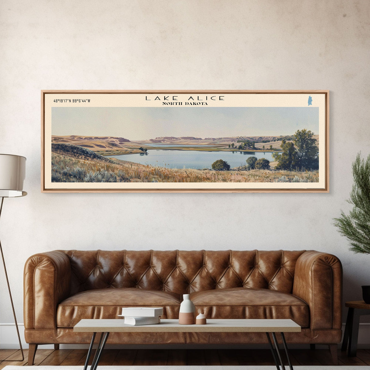 Lake Alice North Dakota Framed Canvas Print, Panoramic Lake House Decor, Wall Art, Travel Poster, Scenic Lake Painting, Nature Art