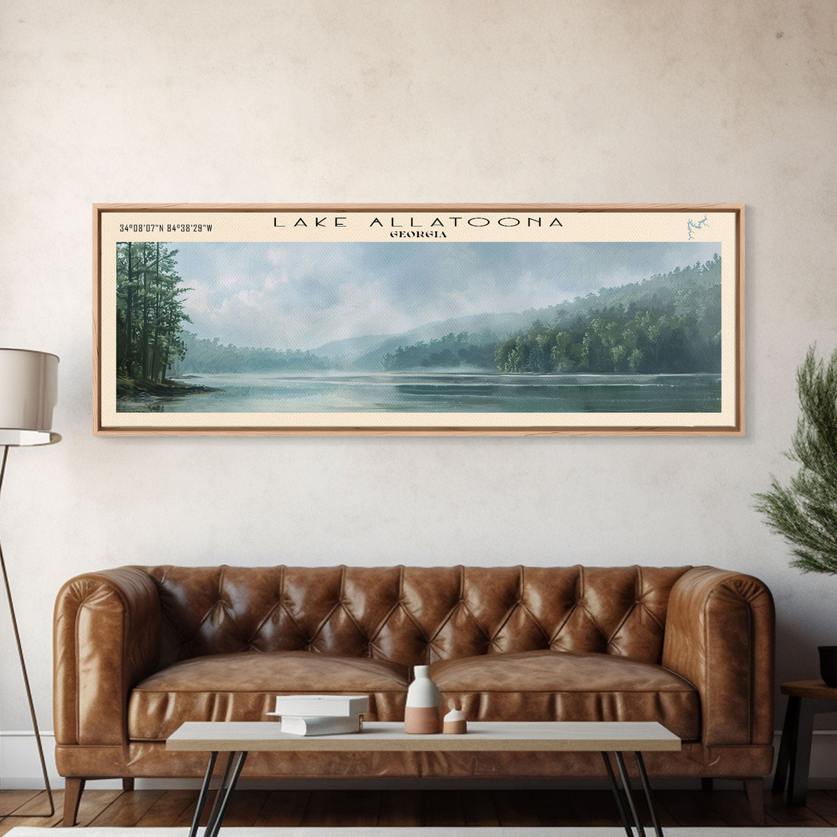 Lake Allatoona Georgia Framed Canvas Print, Lake House Art, Panoramic Wall Art, Travel Poster, Serene Lake Painting, Home Decor