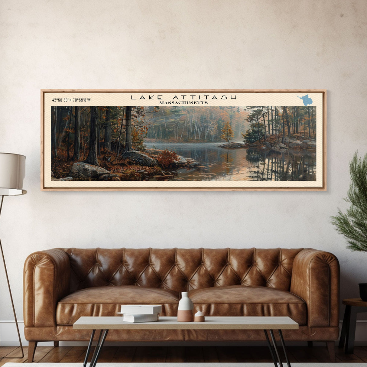 Lake Attitash Massachusetts Framed Canvas Print, Lake House Art, Panoramic Wall Art, Travel Poster, Scenic Lake Painting, Nature Art