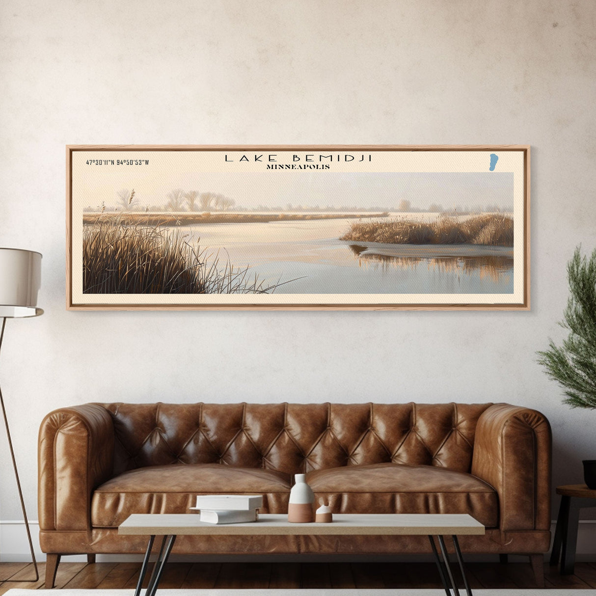 Lake Bemidji Minneapolis Framed Canvas Print, Lake House Art, Panoramic Wall Art, Travel Poster, Stunning Lake Painting, Home Decor