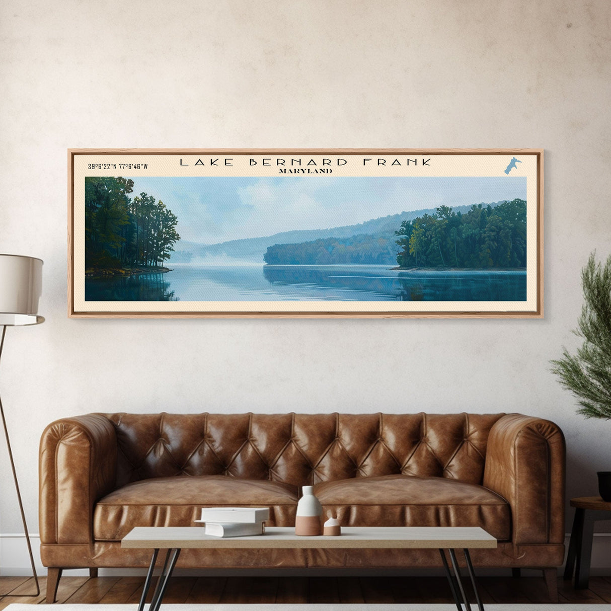 Lake Bernard Frank Maryland Framed Canvas Print, Lake House Art, Panoramic Wall Art, Travel Poster, Scenic Lake Painting, Nature Art