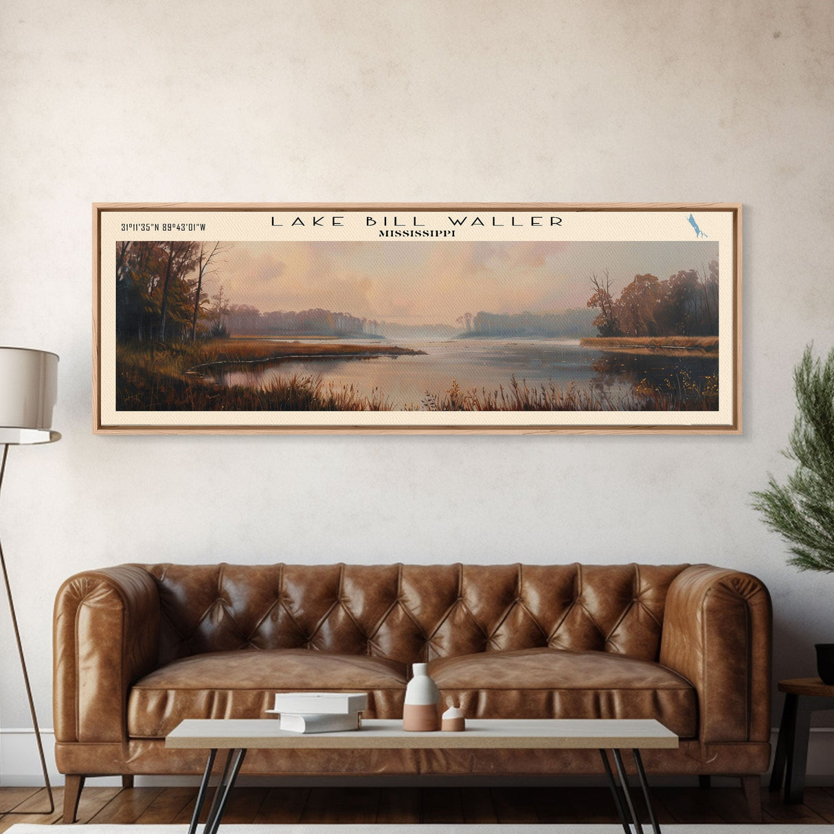 Lake Bill Waller Mississippi Framed Canvas Print, Lake House Decor, Panoramic Wall Art, Travel Poster, Captivating Lake Painting, Nature Art