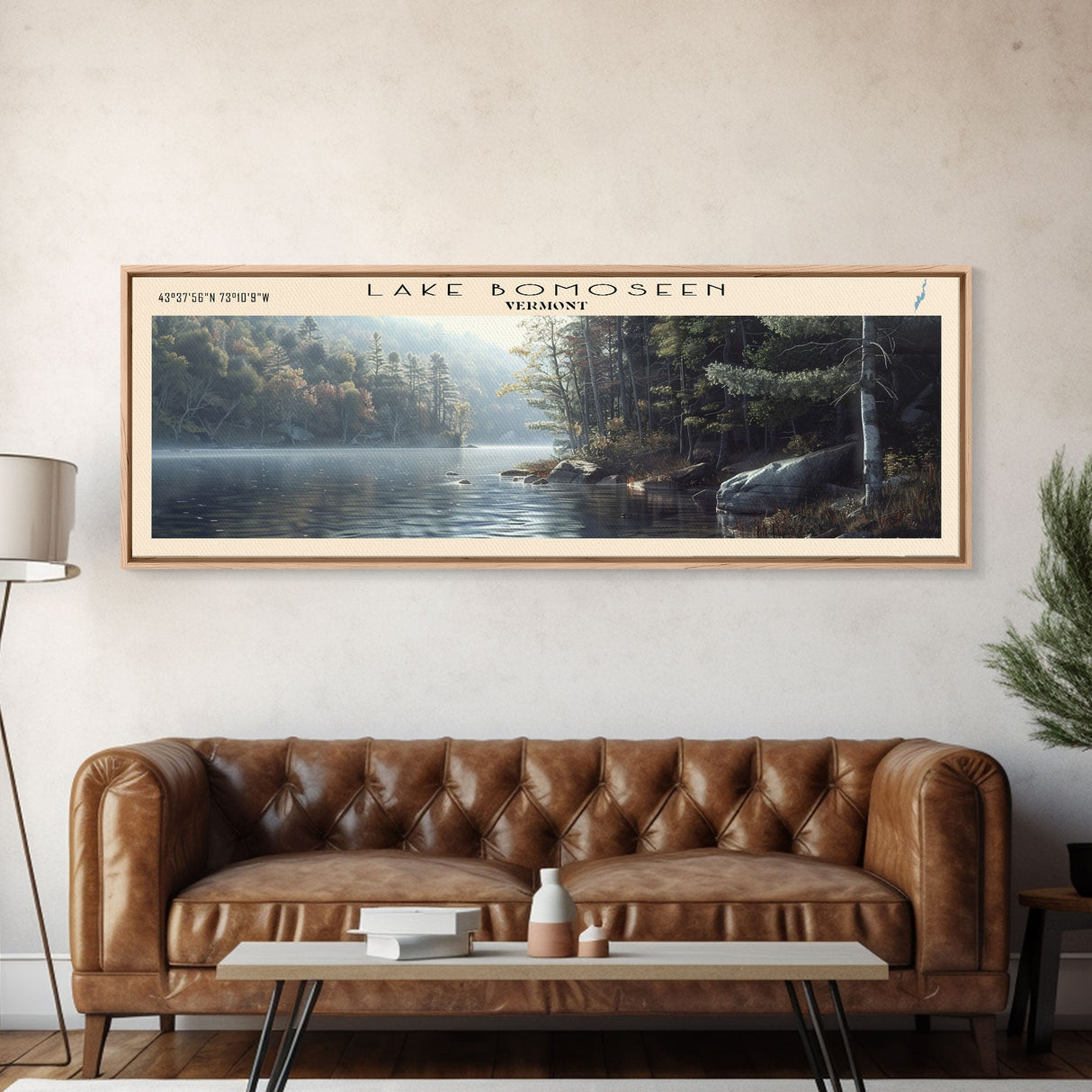 Lake Bomoseen Vermont Framed Canvas Print, Lake House Art, Panoramic Wall Art, Travel Poster, Serene Lake Painting, Home Decor