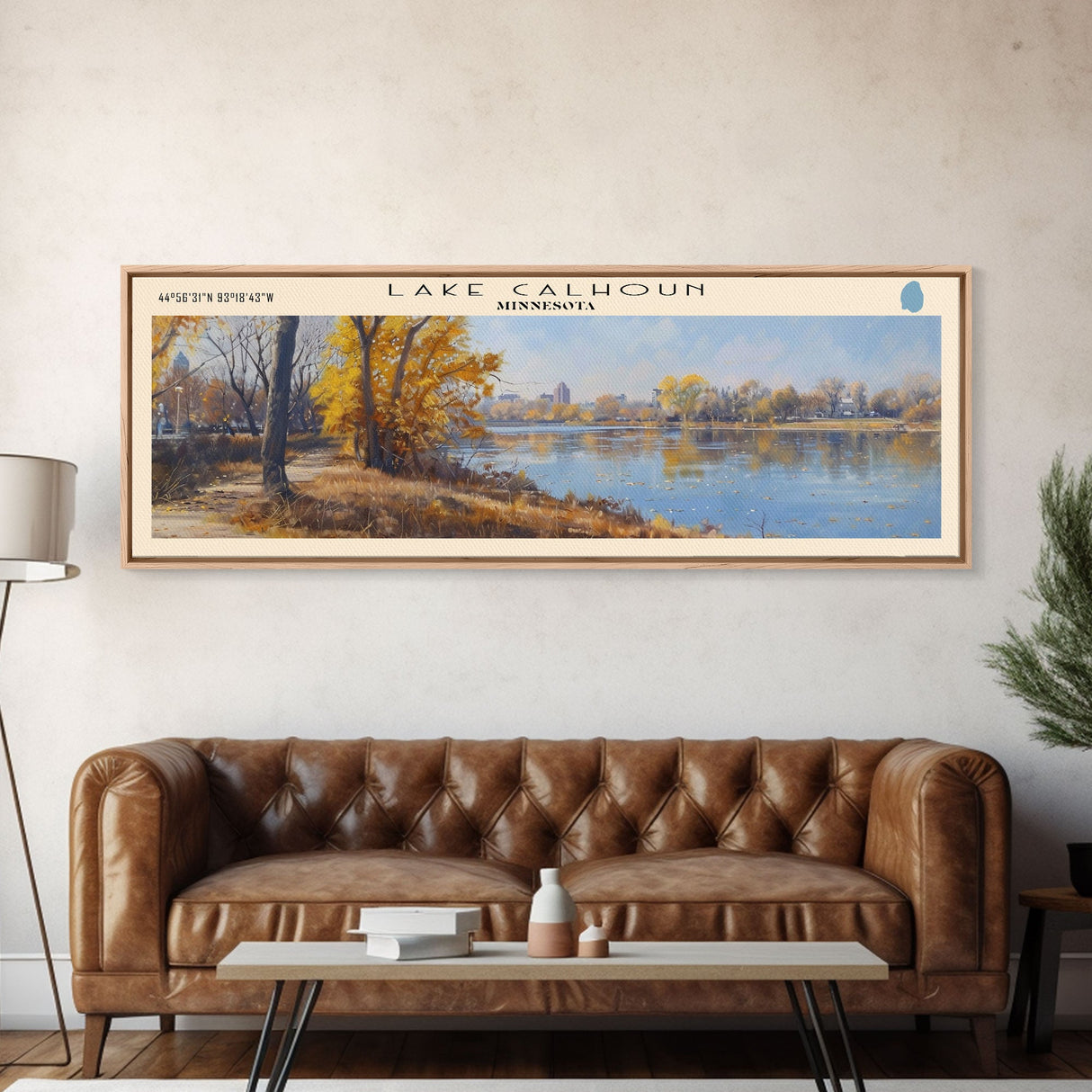 Lake Calhoun Minnesota Framed Canvas Print, Panoramic Lake House Decor, Wall Art, Travel Poster, Serene Lake Painting, Nature Art