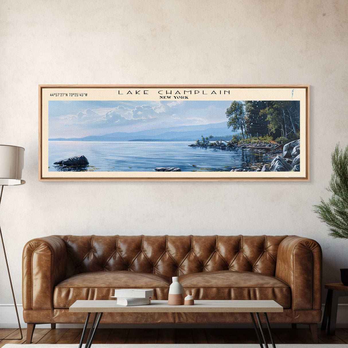 Lake Champlain Framed Canvas Print, Lake House Art, Panoramic Wall Art, Travel Poster, Captivating Lake Painting, Home Decor