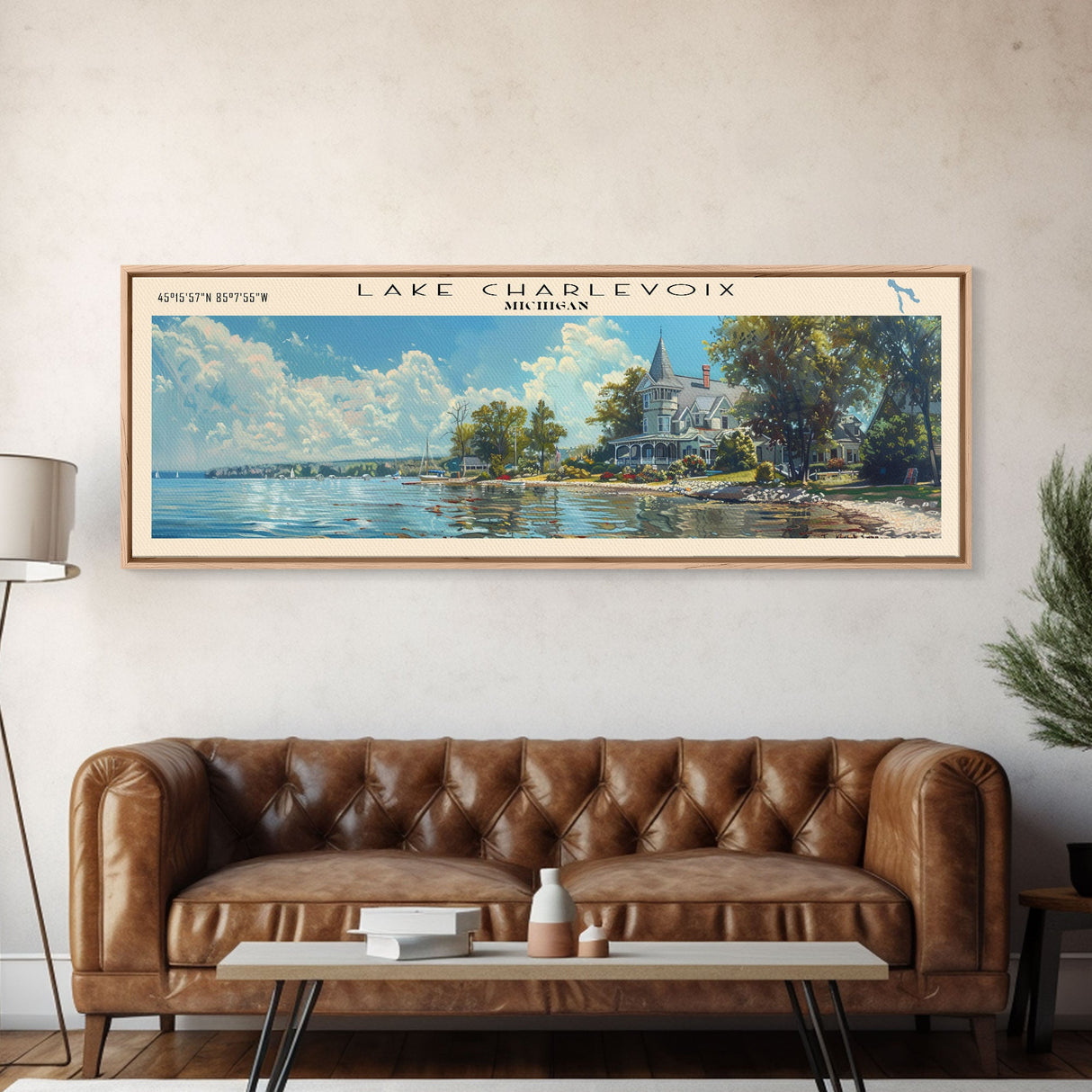 Lake Charlevoix Michigan Framed Canvas Print, Lake House Decor, Panoramic Wall Art, Travel Poster, Stunning Landscape Painting, Home Art