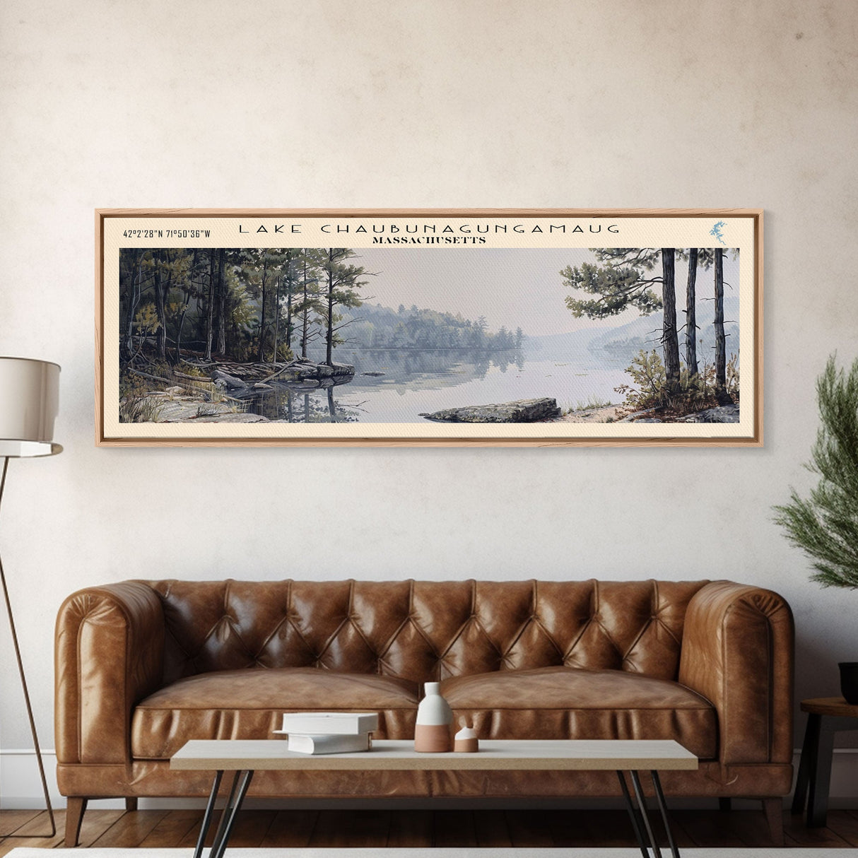 Lake Chaubunagungamaug Framed Canvas Print, Lake House Decor, Panoramic Wall Art, Travel Poster, Beautiful Lake Painting, Home Art