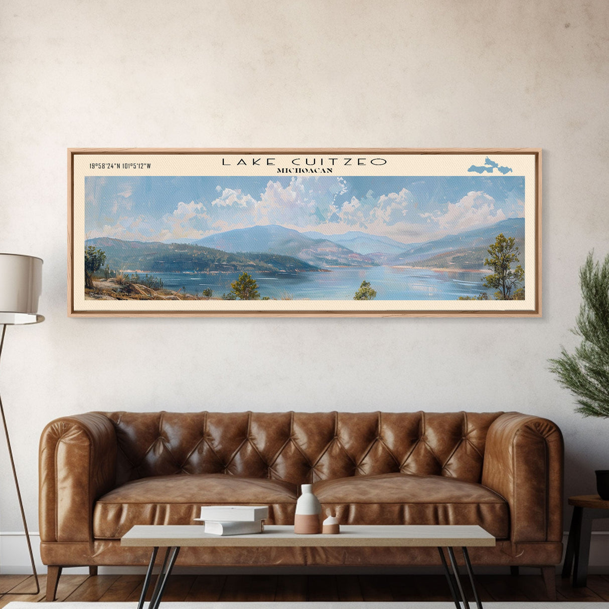 Lake Cuitzeo Framed Canvas Print, Lake House Decor, Panoramic Wall Art, Travel Poster, Beautiful Lake Painting, Home Art