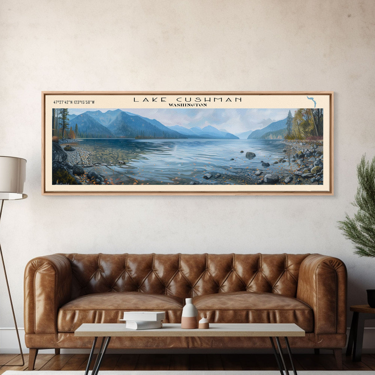 Lake Cushman Washington Framed Canvas Print, Lake House Decor, Panoramic Wall Art, Travel Poster, Stunning Lake Painting, Home Art