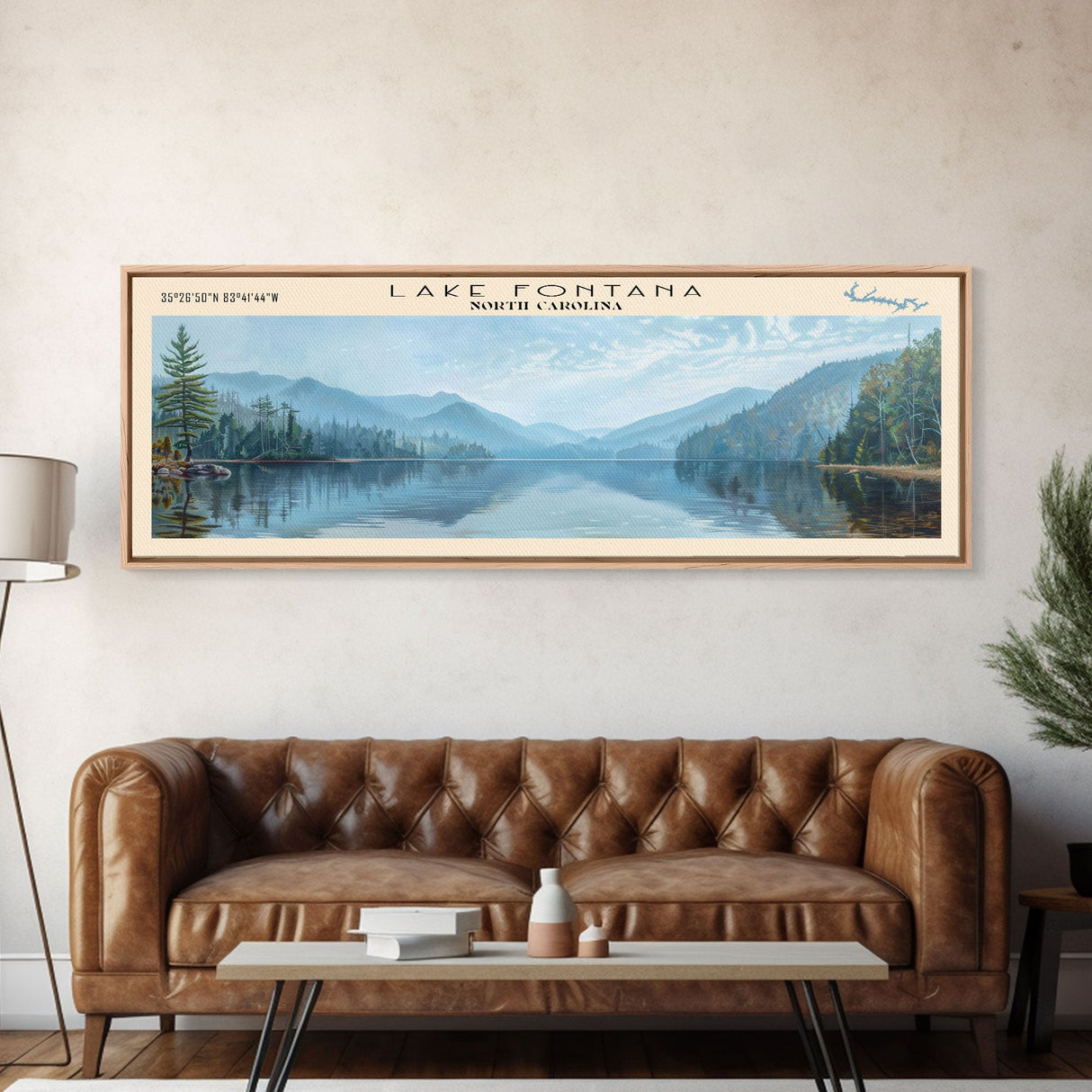 Lake Fontana North Carolina Framed Canvas Print, Lake House Decor, Panoramic Wall Art, Travel Poster, Beautiful Lake Painting, Home Art