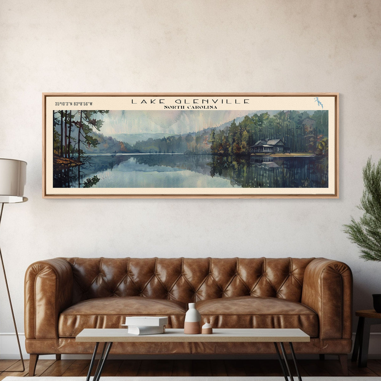 Lake Glenville North Carolina Framed Canvas Print, Lake House Decor, Panoramic Wall Art, Travel Poster, Scenic Lake Painting, Nature Art