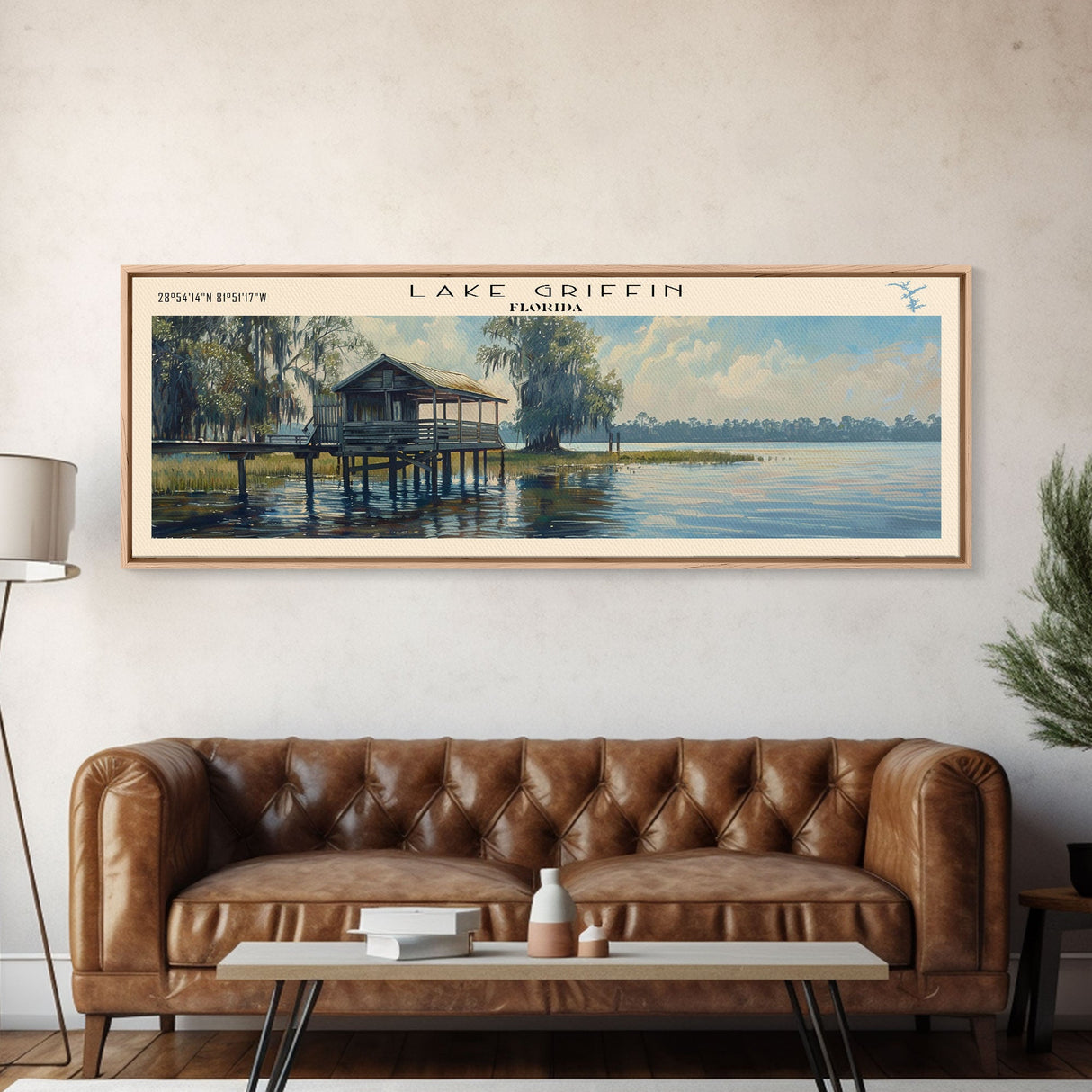 Lake Griffin Florida Framed Canvas Print, Lake House Decor, Panoramic Wall Art, Travel Poster, Beautiful Lake Painting, Nature Art