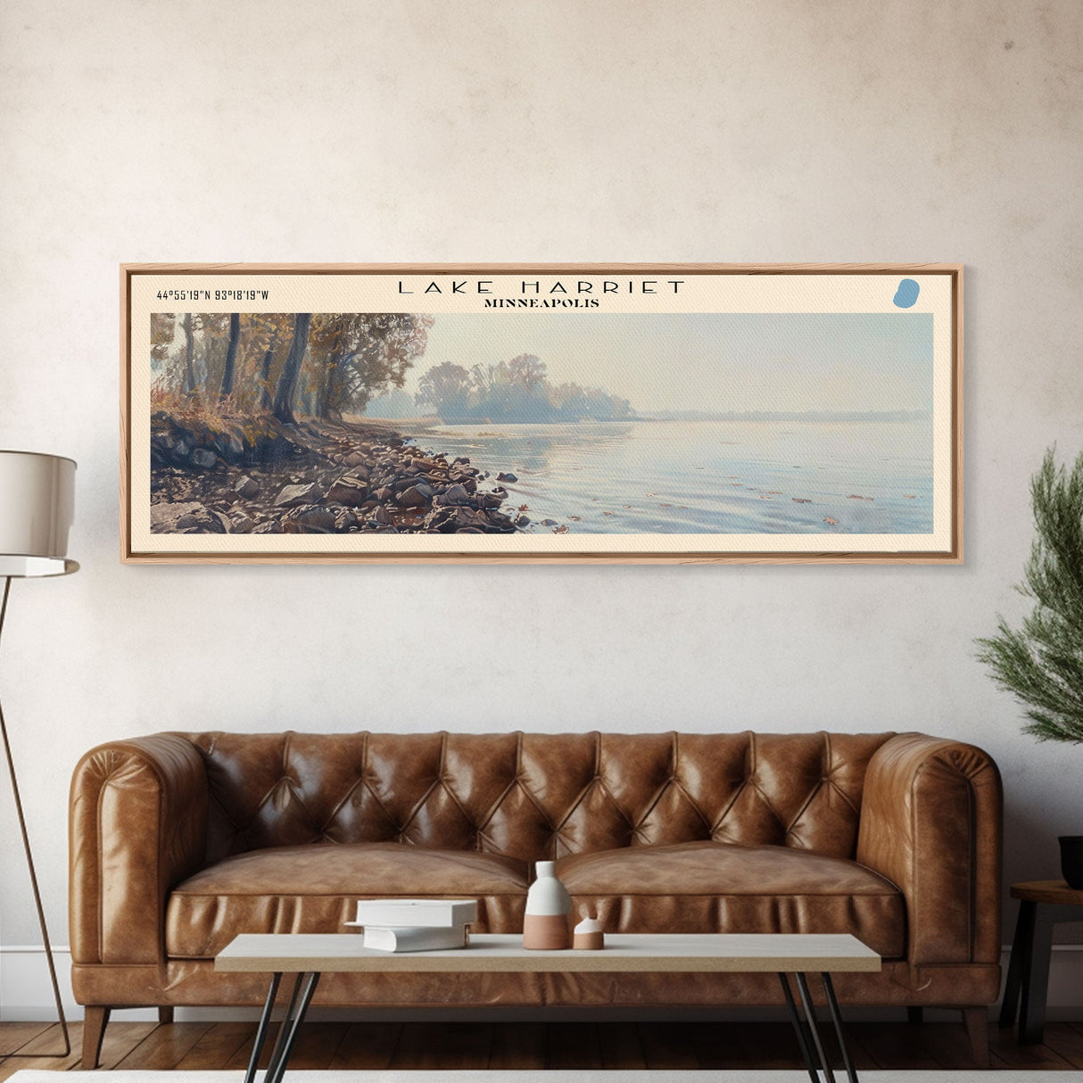 Lake Harriet Minneapolis Framed Canvas Print, Lake House Decor, Panoramic Wall Art, Travel Poster, Scenic Lake Painting, Nature Art