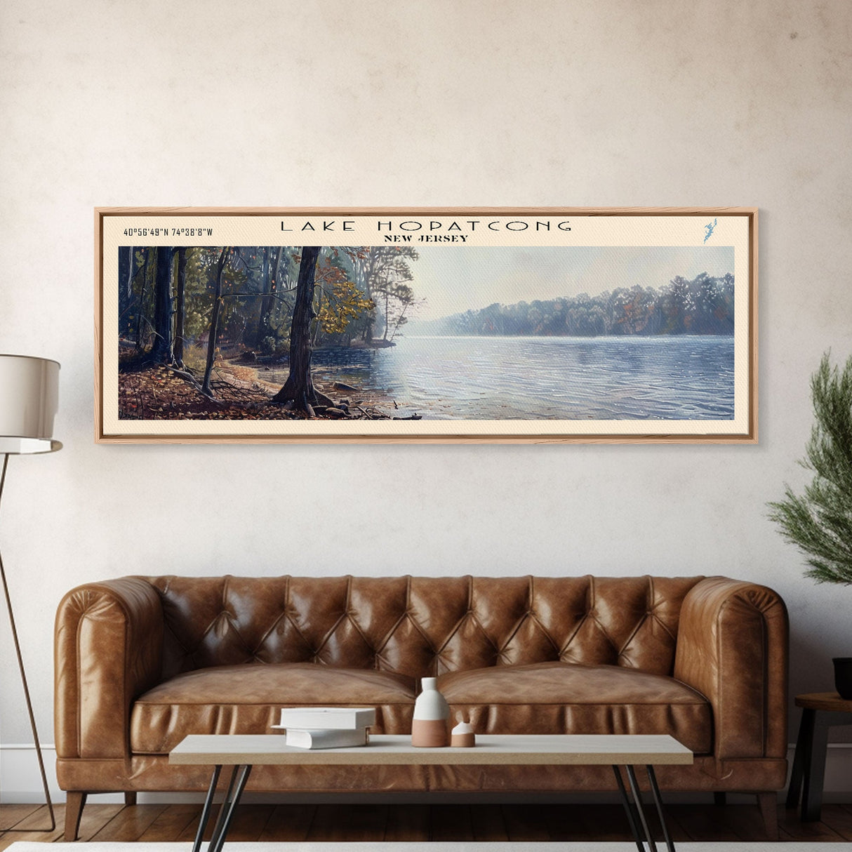 Lake Hopatcong New Jersey Framed Canvas Print, Lake House Decor, Panoramic Wall Art, Travel Poster, Beautiful Lake Painting, Home Art