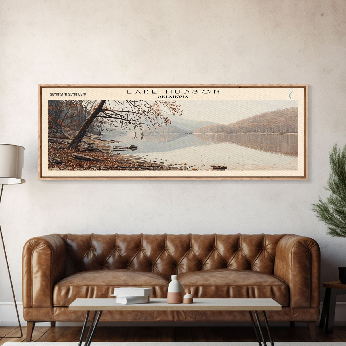 Lake Hudson Oklahoma Framed Canvas Print, Lake House Decor, Panoramic Wall Art, Travel Poster, Serene Lake Painting, Nature Art