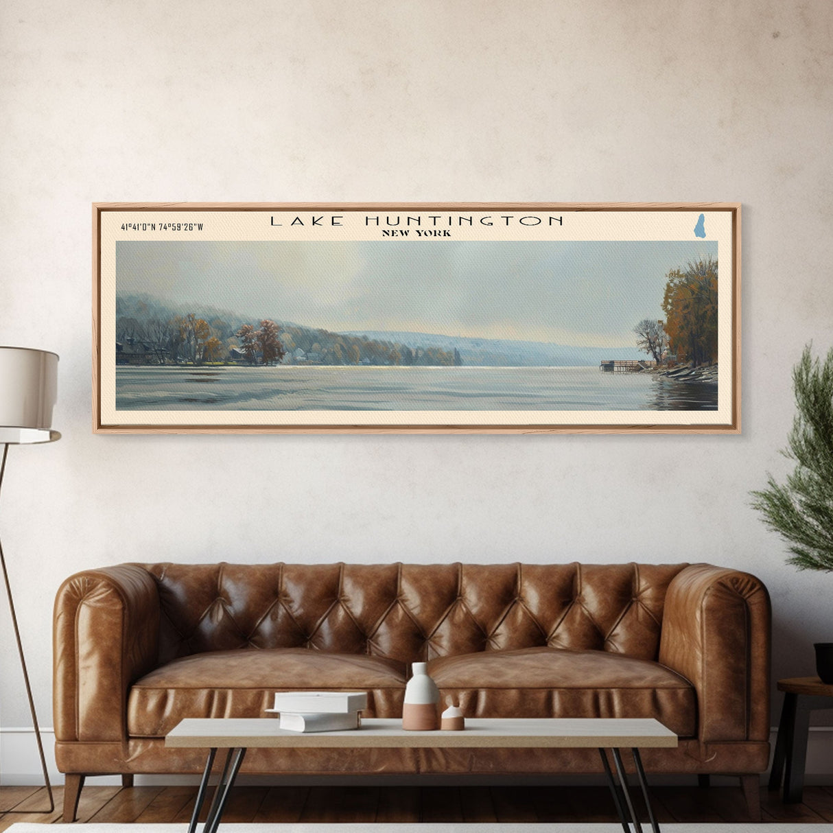 Lake Huntington New York Framed Canvas Print, Lake House Decor, Panoramic Wall Art, Travel Poster, Scenic Landscape Painting, Nature Art