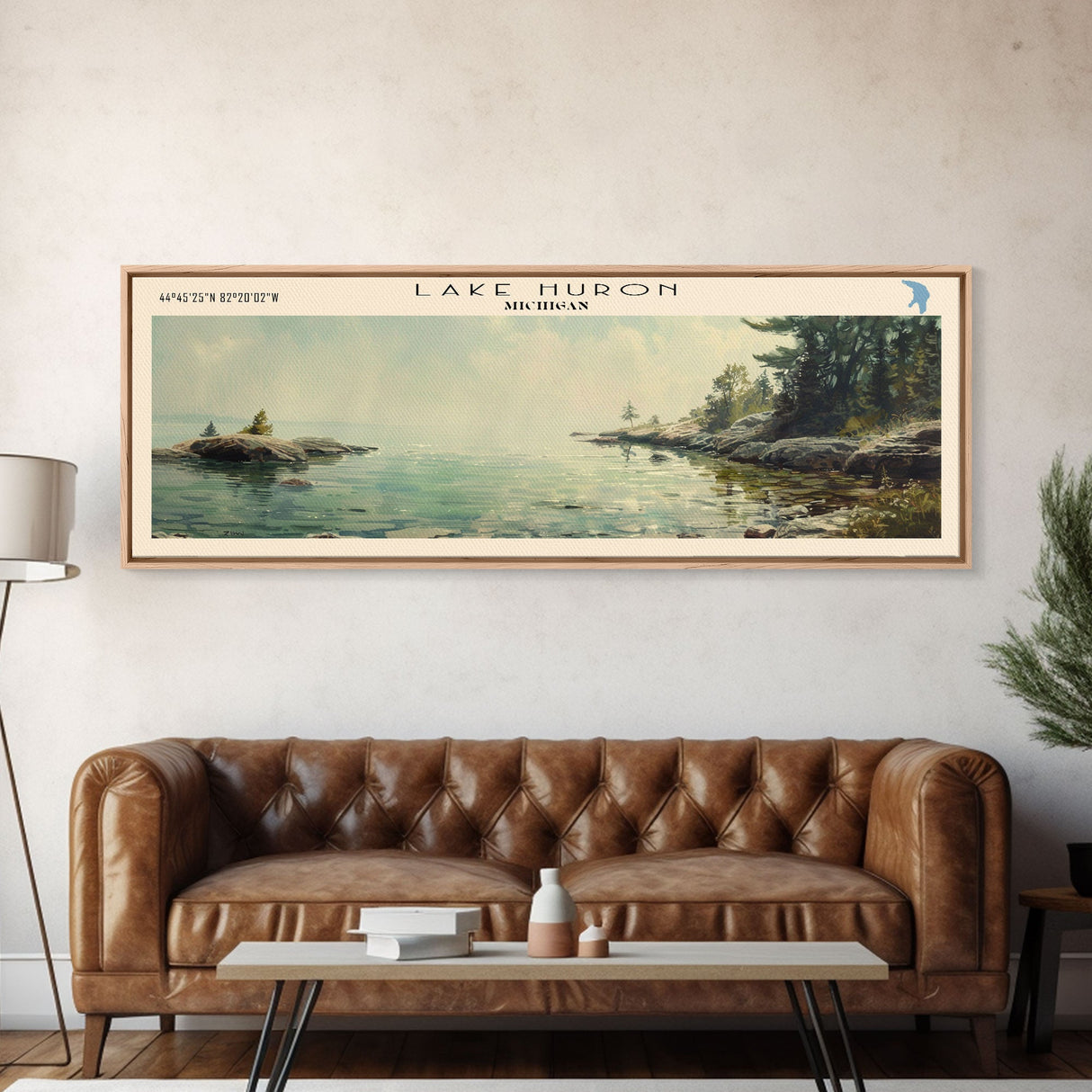 Lake Huron Framed Canvas Print, Lake House Decor, Panoramic Wall Art, Travel Poster, Serene Lake Painting, Home Art