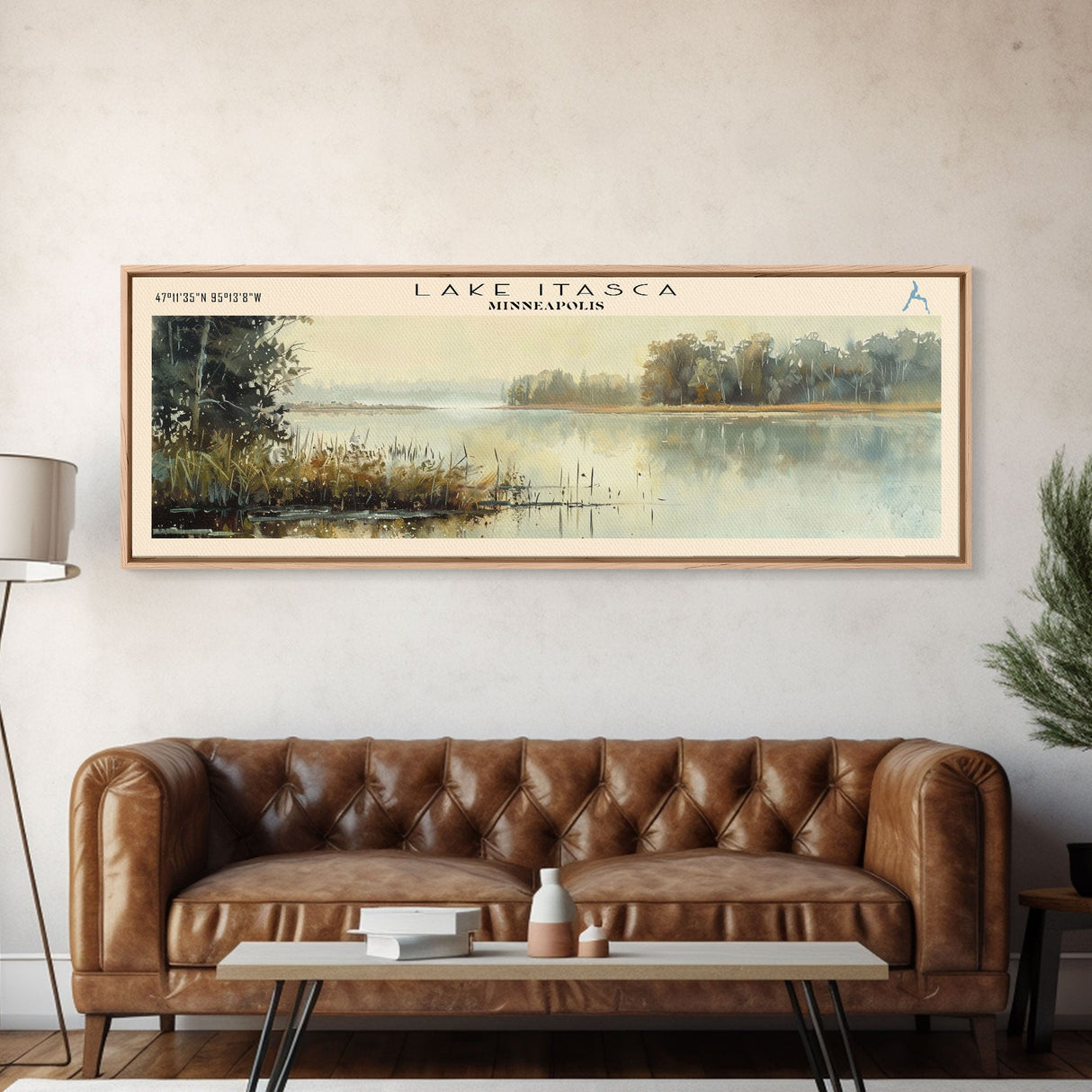 Lake Itasca Minneapolis Framed Canvas Print, Lake House Decor, Panoramic Wall Art, Travel Poster, Serene Lake Painting, Nature Art