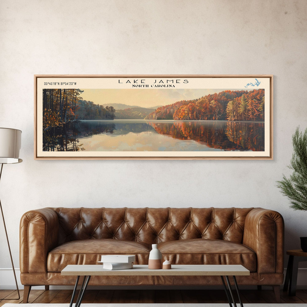 Lake James North Carolina Framed Canvas Print, Lake House Decor, Panoramic Wall Art, Travel Poster, Scenic Lake Painting, Nature Art