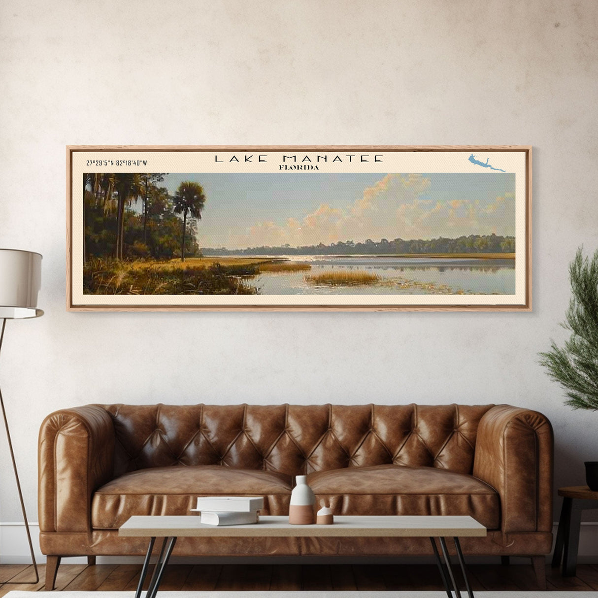 Lake Manatee Florida Framed Canvas Print, Lake House Decor, Panoramic Wall Art, Travel Poster, Beautiful Lake Painting, Coastal Art