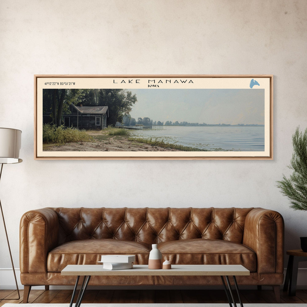 Lake Manawa Iowa Framed Canvas Print, Lake House Decor, Panoramic Wall Art, Travel Poster, Scenic Lake Painting, Rustic Art