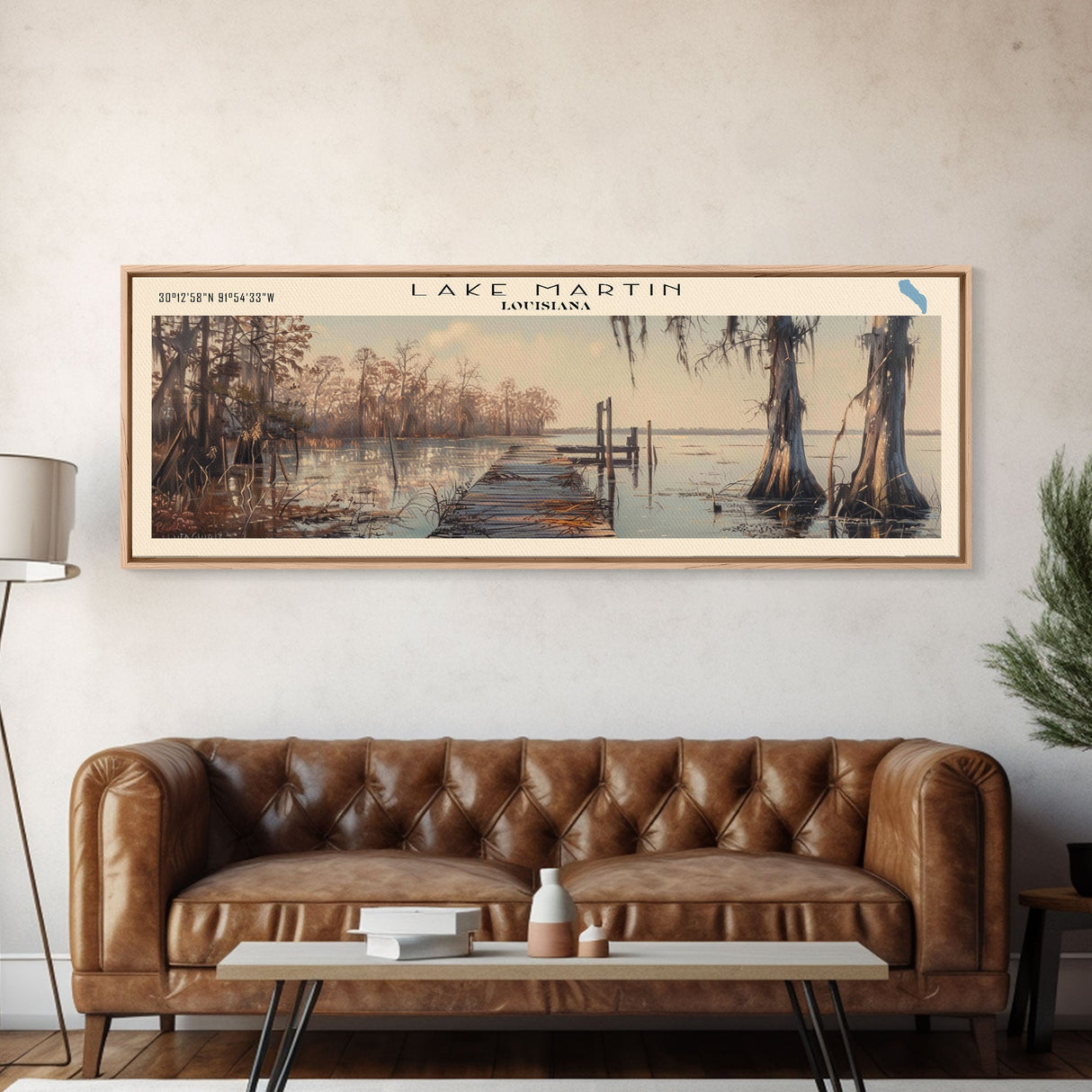 Lake Martin Louisiana Framed Canvas Print, Lake House Decor, Panoramic Wall Art, Travel Poster, Stunning Lake Painting, Rustic Art