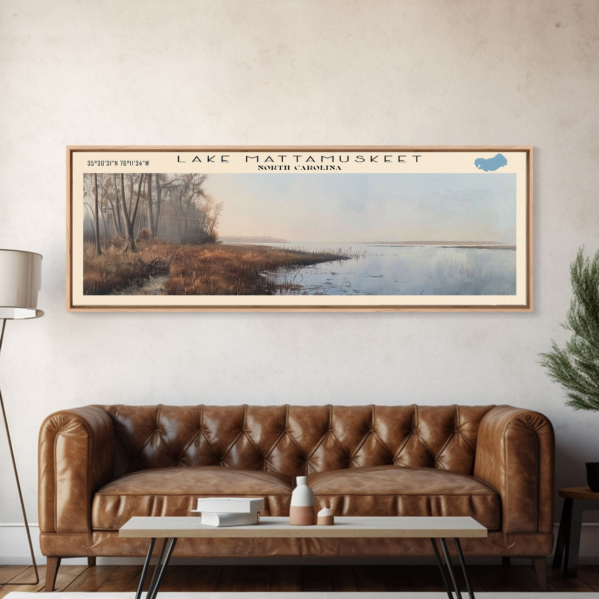 Lake Mattamuskeet North Carolina Framed Canvas Print, Lake House Decor, Panoramic Wall Art, Travel Poster, Beautiful Lakeview Painting, Modern Art