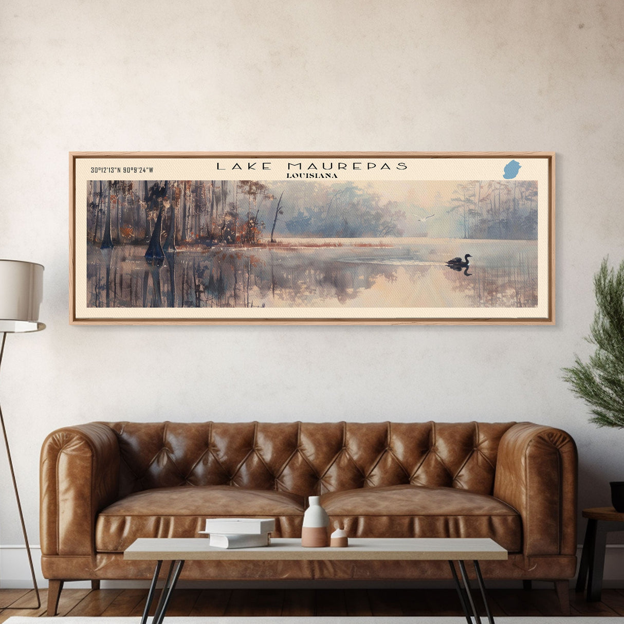 Lake Maurepas Louisiana Framed Canvas Print, Lake House Decor, Panoramic Wall Art, Travel Poster, Stunning Lake Painting, Contemporary Art