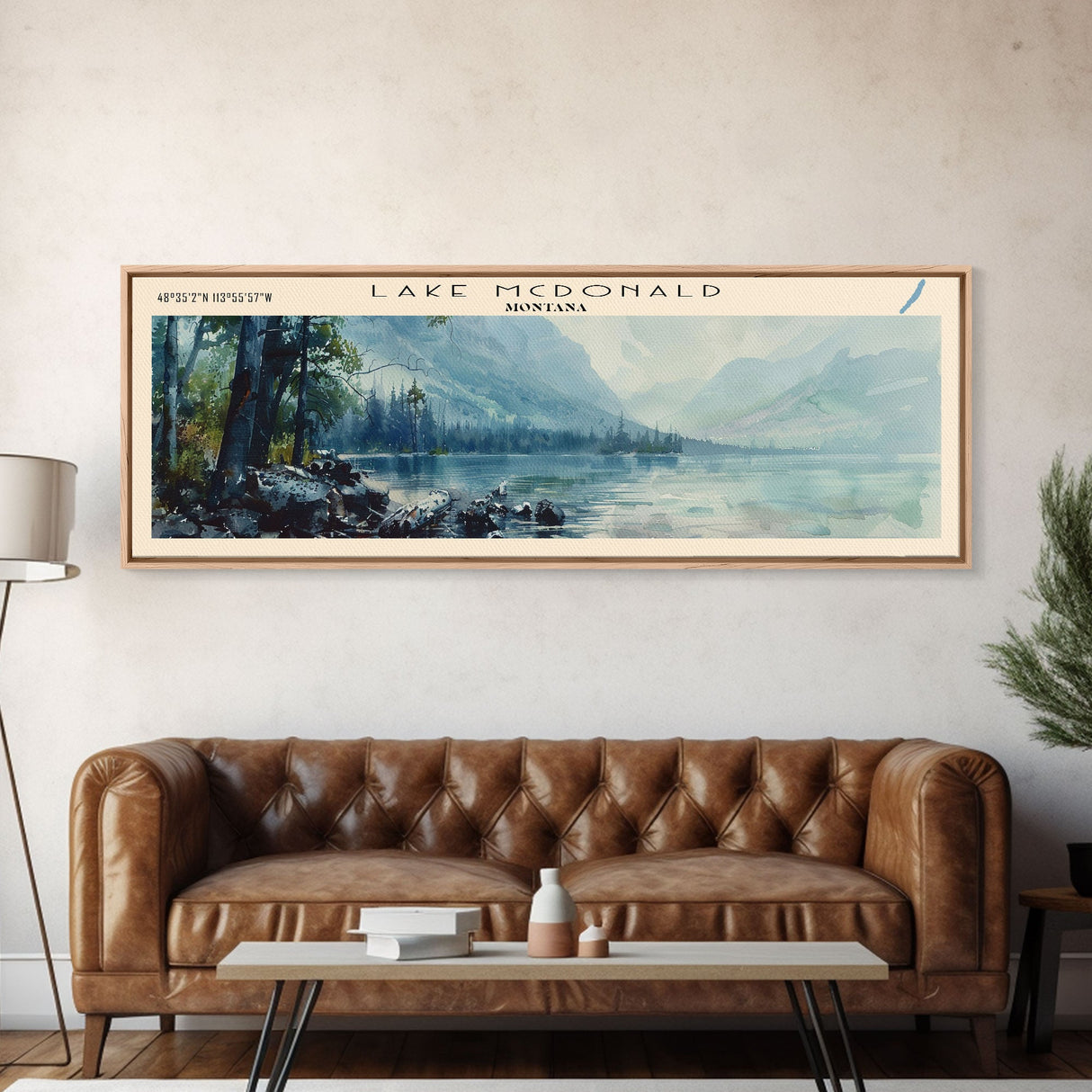 Lake McDonald Montana Framed Canvas Print, Lake House Decor, Panoramic Wall Art, Travel Poster, Scenic Landscape Painting, Bedroom Decor