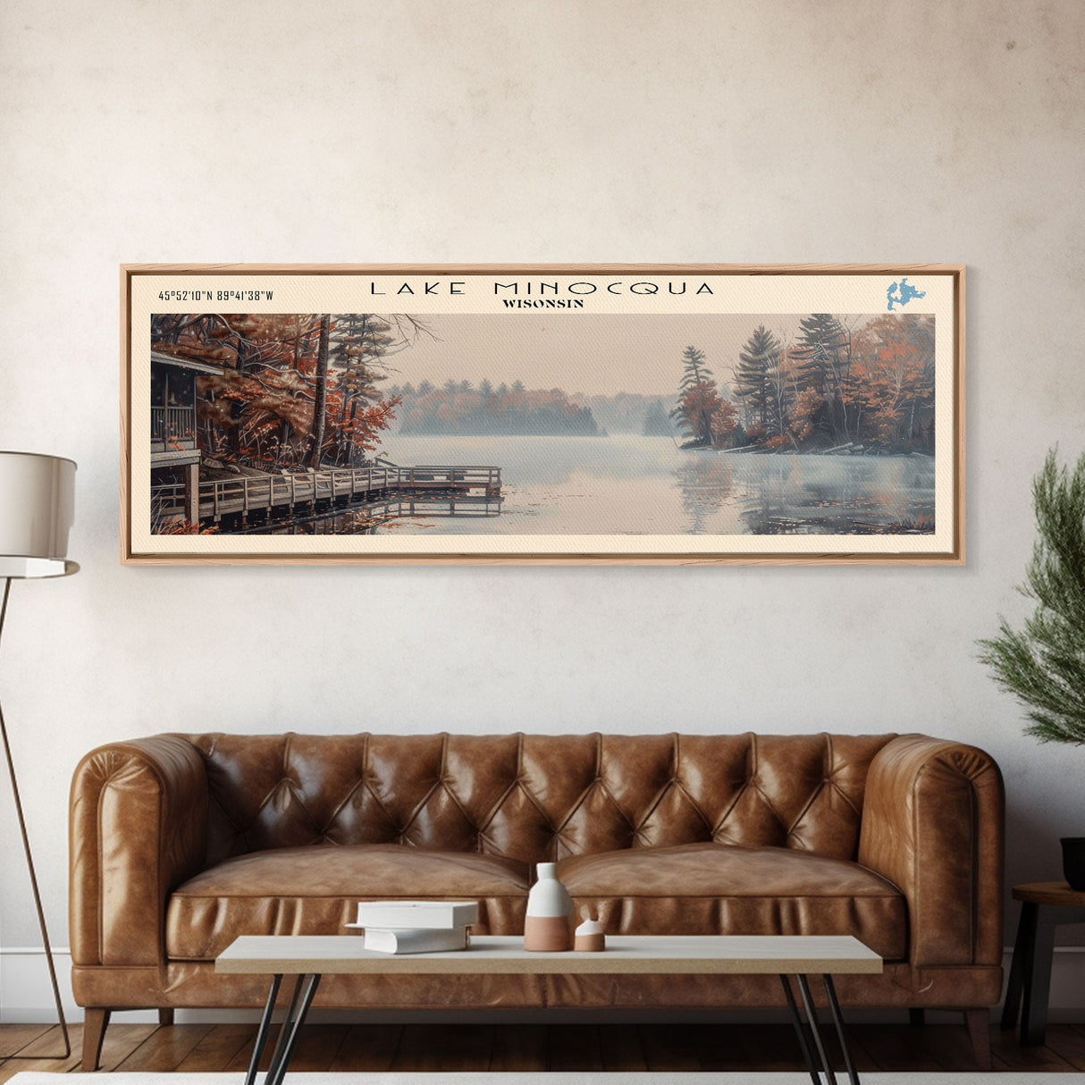 Lake Minocqua Wisconsin Framed Canvas Print, Lake House Decor, Panoramic Wall Art, Travel Poster, Scenic Landscape Painting, Living Room Decor