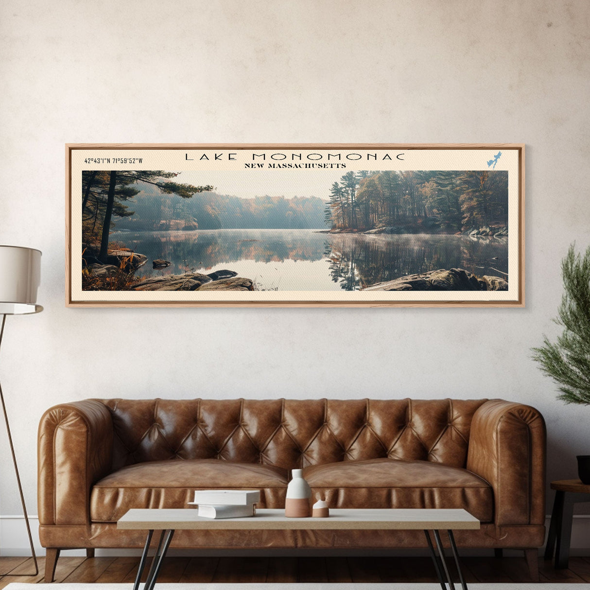 Lake Monomonac Massachusetts Framed Canvas Print, Lake House Decor, Panoramic Wall Art, Travel Poster, Stunning Landscape Painting, Living Room Decor