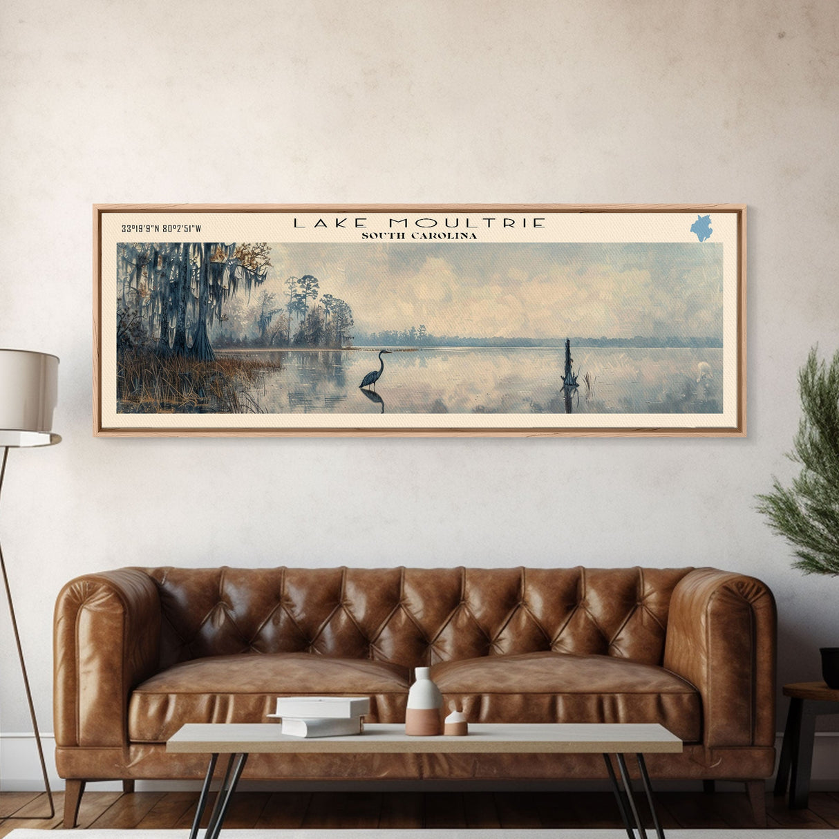 Lake Moultrie South Carolina Framed Canvas Print, Lake House Decor, Panoramic Wall Art, Travel Poster, Serene Landscape Painting, Bedroom Decor