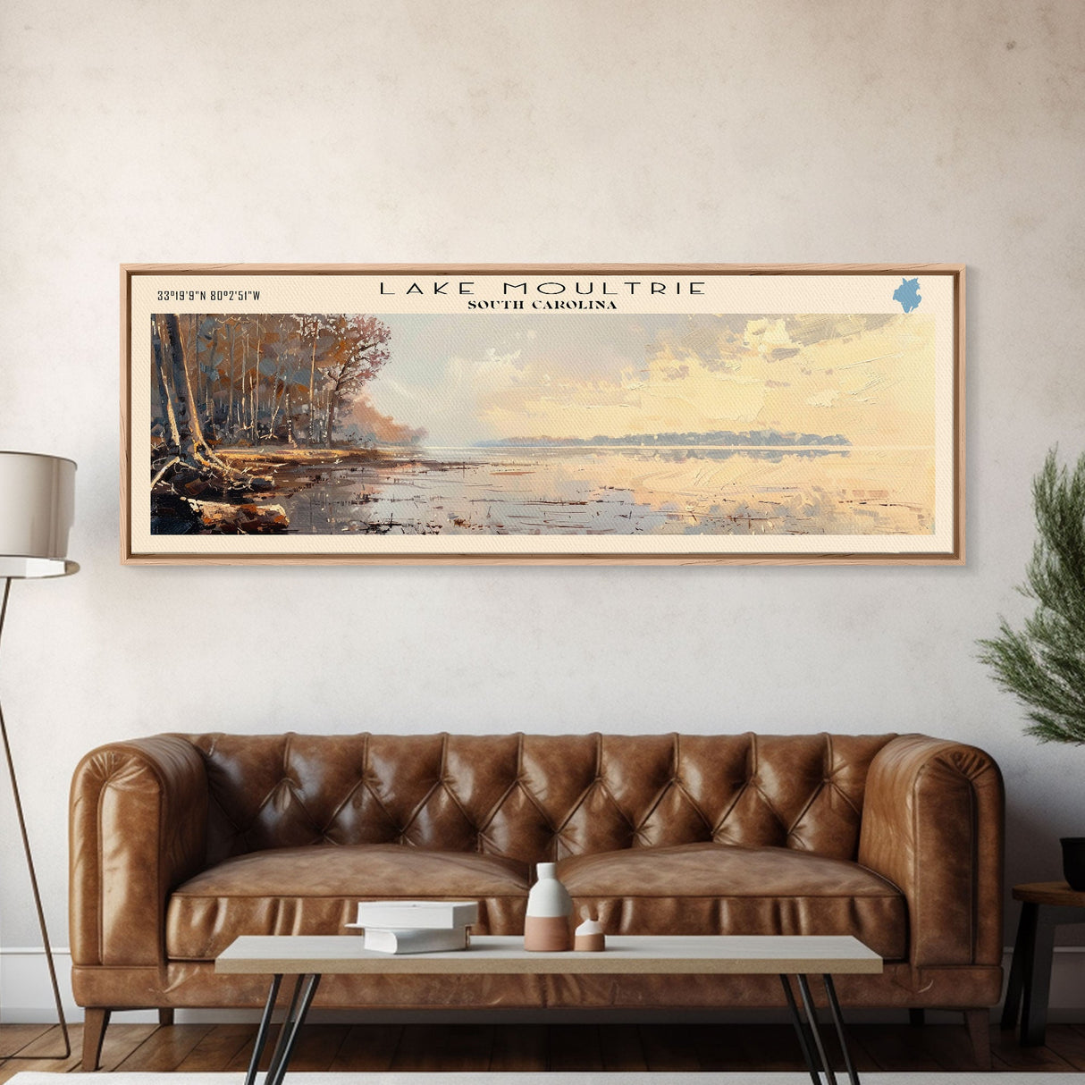 Lake Moultrie Framed Canvas Print, Lake House Decor, Panoramic Wall Art, Travel Poster, Scenic Landscape Painting, Living Room Decor