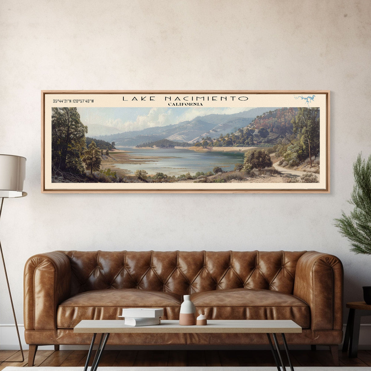 Lake Nacimiento California Framed Canvas Print, Lake House Decor, Panoramic Wall Art, Travel Poster, Beautiful Landscape Painting, Modern Art