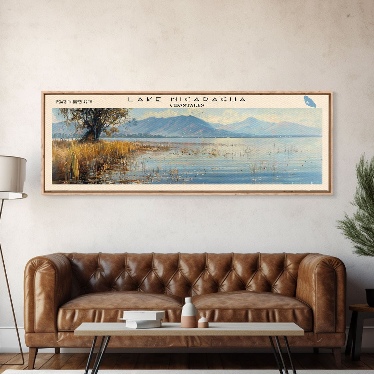 Lake Nicaragua Framed Canvas Print, Lake House Decor, Panoramic Wall Art, Travel Poster, Serene Landscape Painting, Rustic Art